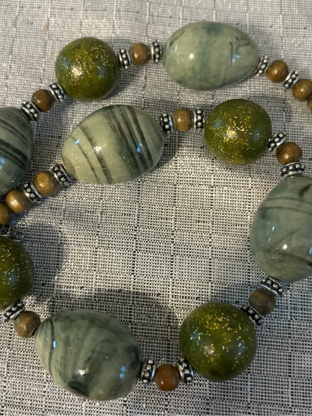 Green Marble and Glitter Bead Statement Necklace - Women Jewelry